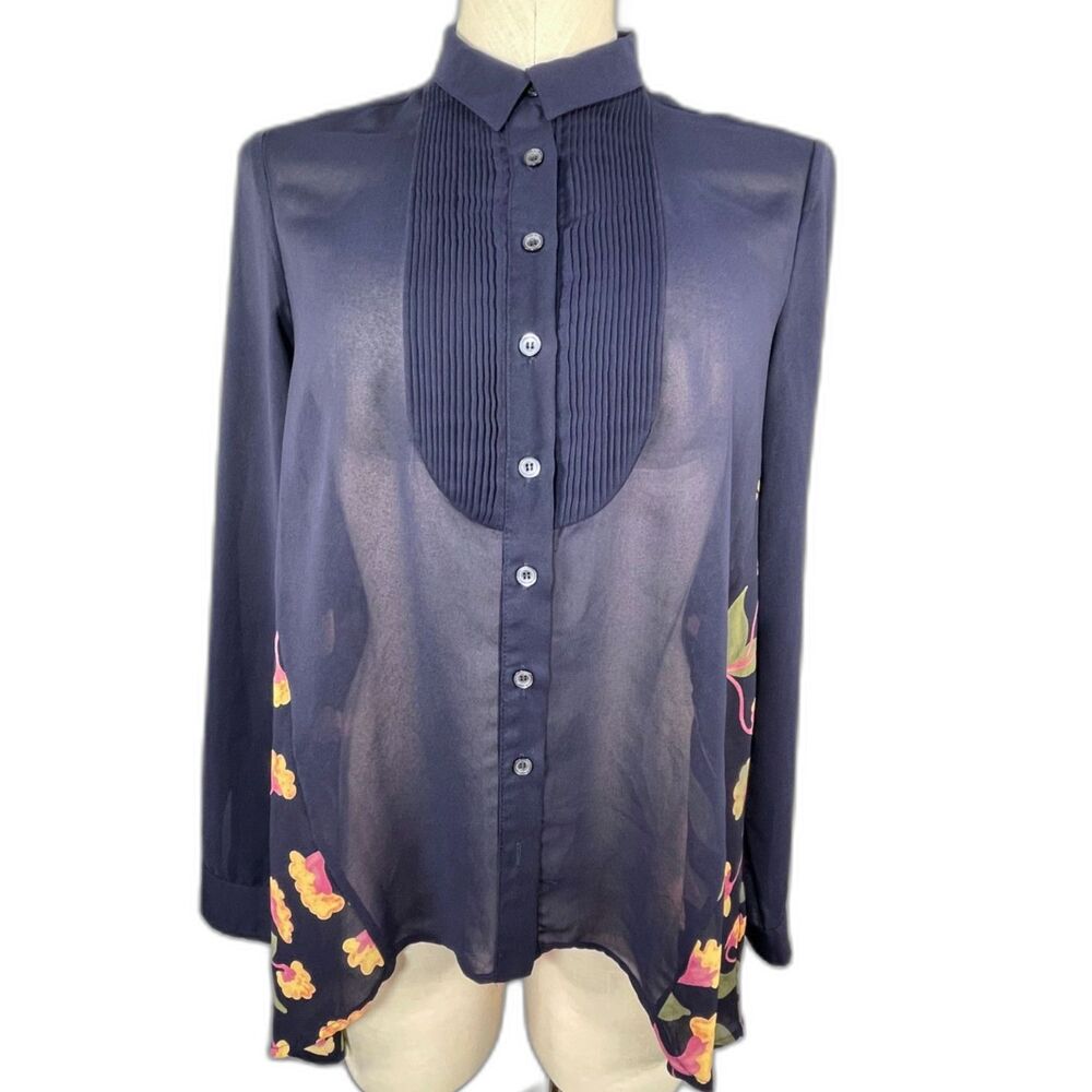 Maeve Anthropologie Sheer Floral Back Pleated Pintuck Layering Top Blouse Navy 0